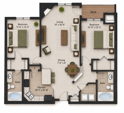 Floor plan for 2 beds, 2 baths, 1238 sqft